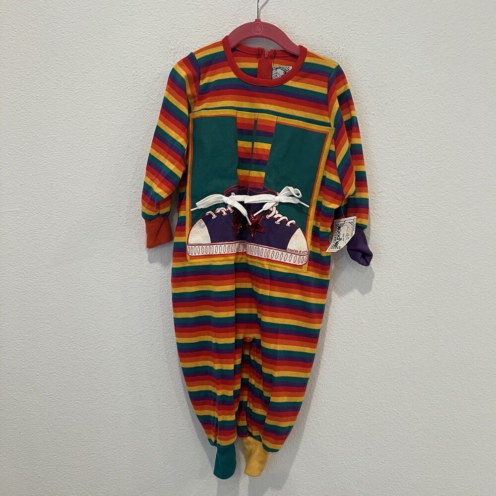 Vtg 90s Zoodles Rainbow Tag Colorblock Jumpsuit Shoe Ties 24 Months Pics School